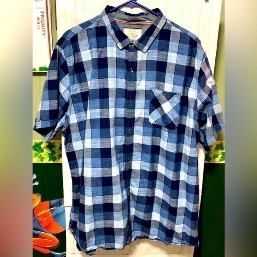 🦜Flag & Anthem Blue Cotton Short Sleeve Button Down